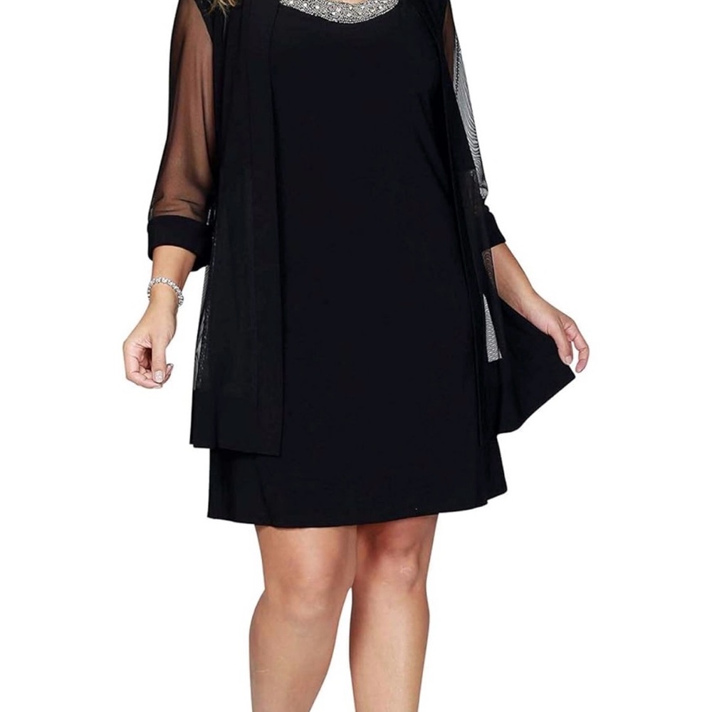 R&M Richards Black Dress with Sheer Sleeves (2 piece set / F-014)